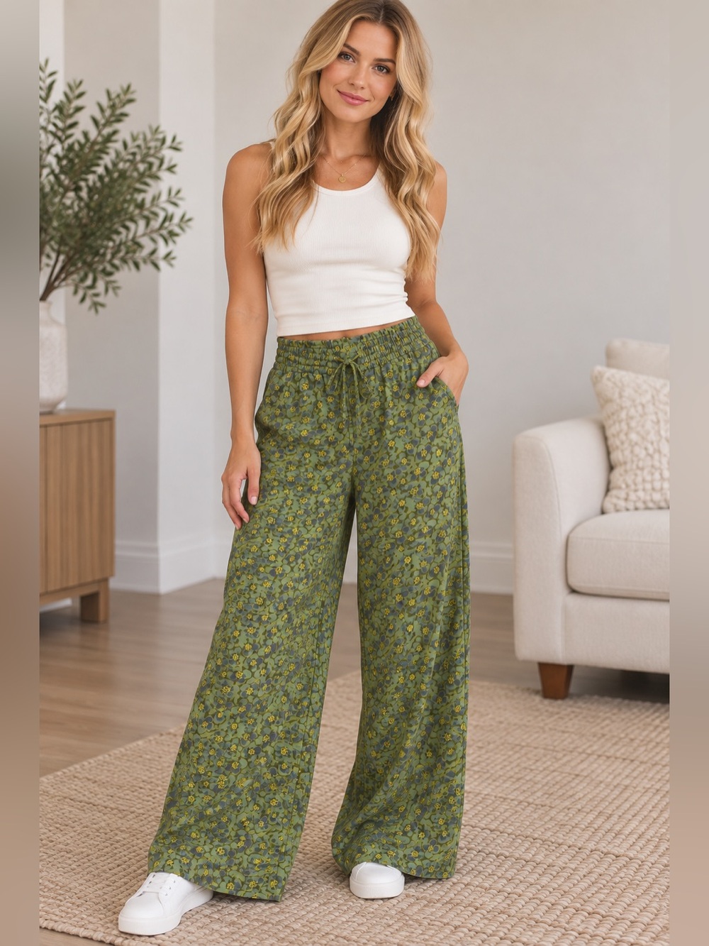 Toad&Co Woman’s Olive Green Floral Wide-Leg Woman’s Bottoms